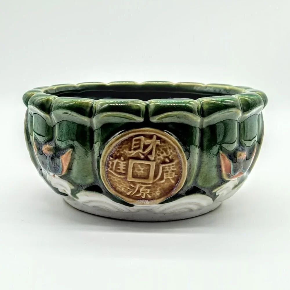 Asian Green Majolica Ceramic Round Planter
